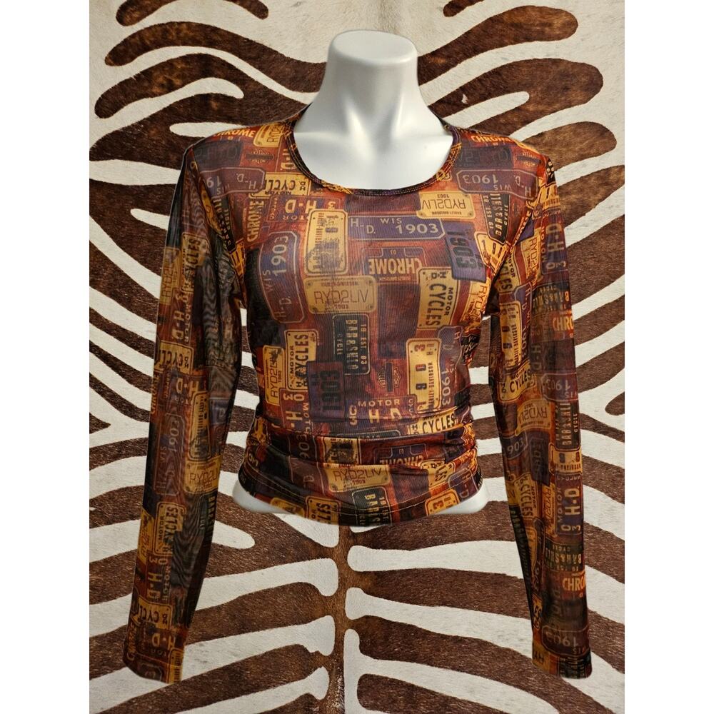 Vintage Y2K Harley Davidson License Plate AOP Print Mesh Long Sleeve Sz M USA